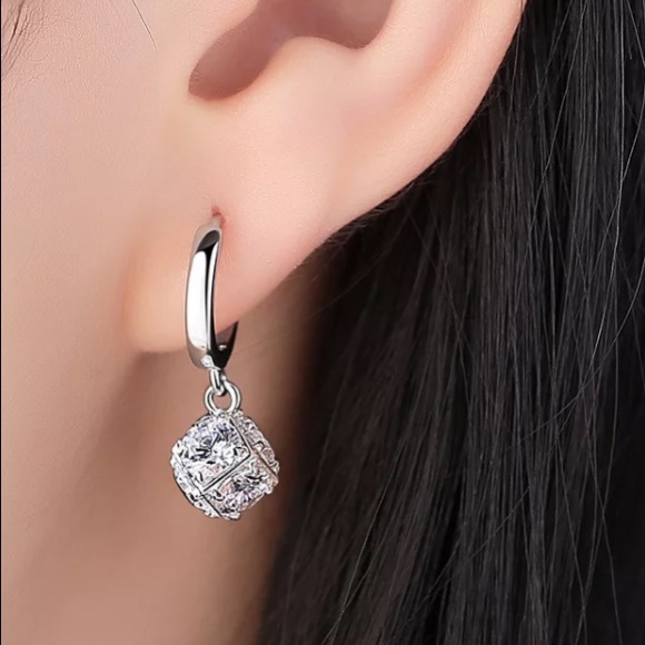 Sterling Silver 925 CZ Drop Huggie Hoop Earrings - Picture 4 of 6